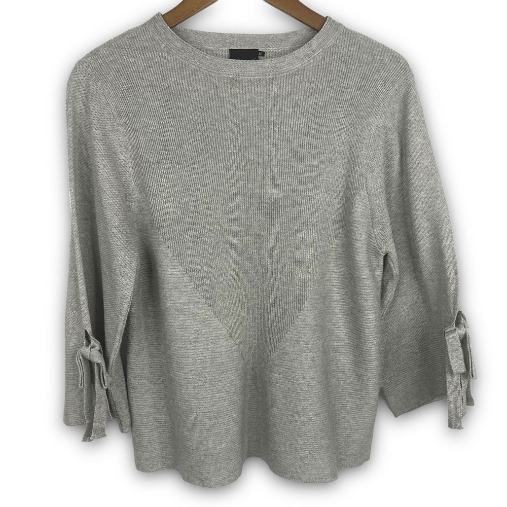 Cliche Gray Ribbed Wool Blend Quarter Tie Sleeve Crew Neck Sweater‎ Top Medium